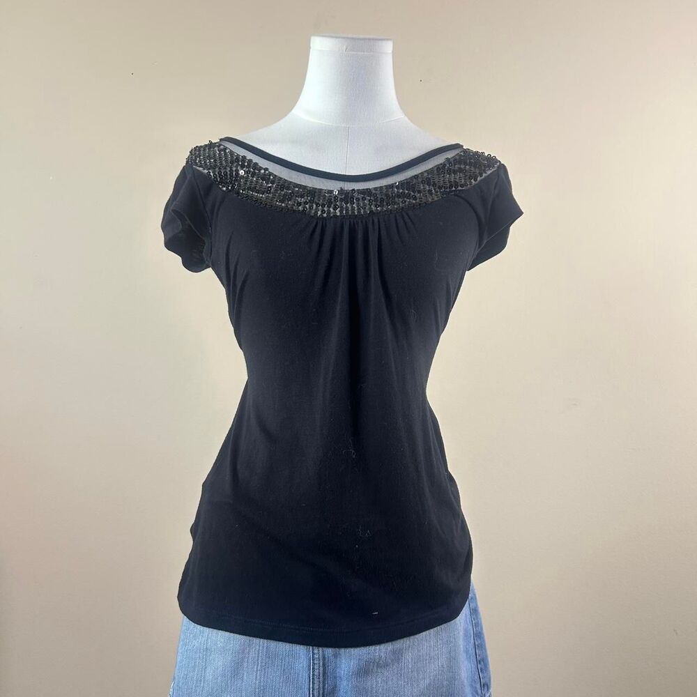 Y2K Made in USA Black Sequin Tie Top